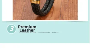 Detail view of woven black leather bracelet featuring a polished gold metal clasp