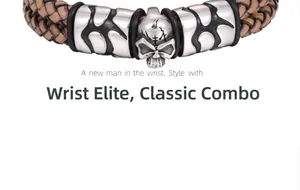Macro detail of men's leather bracelet with silver skull charm and tribal patterns