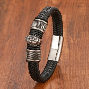 Bracciale da uomo in pelle intrecciata con ciondolo Buddha e chiusura magnetica in acciaio