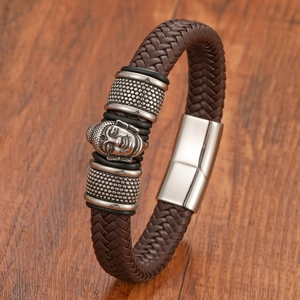 Bracciale da uomo in pelle marrone intrecciata con testa di Buddha e chiusura magnetica