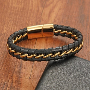 Men's black braided leather bracelet with golden chain inlay and magnetic metal clasp