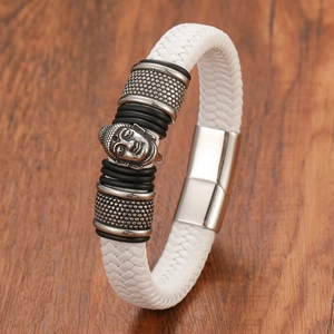 Bracciale Buddha in pelle marrone con chiusura magnetica in acciaio inossidabile da uomo