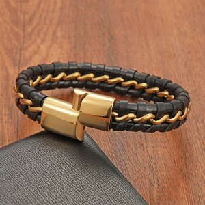 Men's braided black leather bracelet with gold chain accents and polished clasp