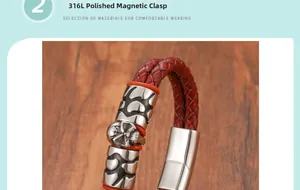 Detail of 316L stainless steel polished magnetic clasp on red braided leather skull bracelet