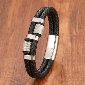 Men's vintage punk braided double leather bracelet with stainless steel magnetic buckle