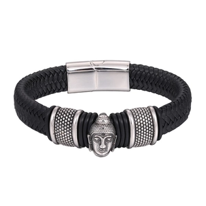 Bracciale da uomo in pelle intrecciata con testa di Buddha e chiusura magnetica