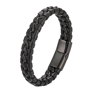 Men's black braided leather bracelet with stainless steel chain and magnetic clasp
