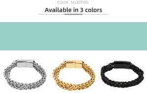 Tre opzioni di colore per bracciali punk da uomo con maglia intrecciata e chiusura in metallo