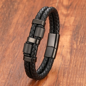 Men's double-layered braided black leather bracelet with gunmetal magnetic metal clasp