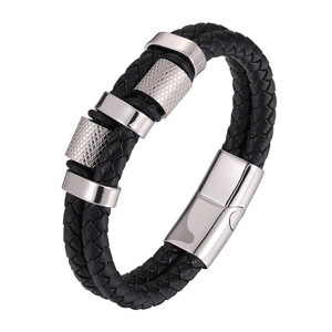 Men's vintage punk woven double-layer black leather bracelet with silver metal charms