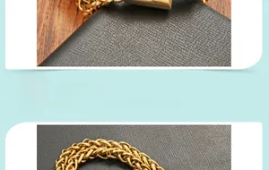 Dettaglio ravvicinato del bracciale a catena dorata a spiga con chiusura rettangolare