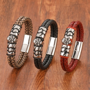 Men's Vintage Multi-Layer Woven Leather Bracelet Stainless Steel Skull Magnetic Clasp Retro Punk Jewelry For Men