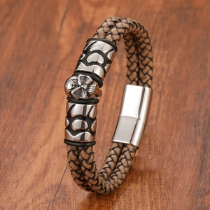 Men's double-layered dark brown braided leather skull bracelet with magnetic clasp
