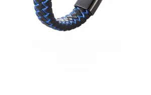 Detailed view of the woven blue and black microfiber leather bracelet with black clasp