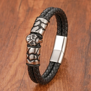 Mens multilayer braided leather bracelet with stainless steel skull and magnetic clasp