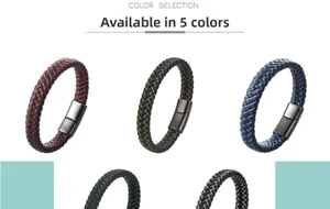 Macro detail of multi-color braided leather bracelets with secure magnetic metal clasps