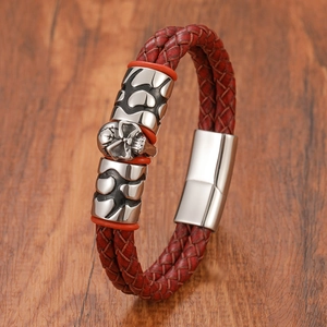Men's red braided leather bracelet with stainless steel skull and magnetic clasp