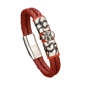 Men's retro punk multilayer braided leather bracelet with stainless steel skull magnetic clasp