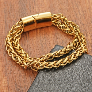 Bracciale da uomo a doppia catena wheat dorata con chiusura a cilindro lucido