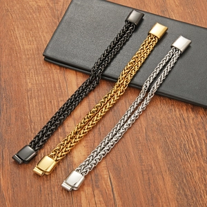Bracciali da uomo stile punk con doppia catena wheat in nero, oro e argento
