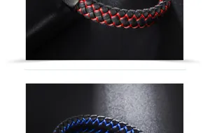 Detailed close-up of handmade braided microfiber leather bracelets with black metal clasps