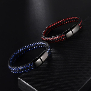 Handmade braided microfiber leather bracelet set for men with magnetic clasp and color accents