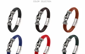 Color selection of woven leather bracelets with silver carved metal clasps in seven variants