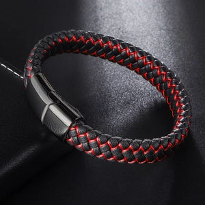 Handmade braided microfiber leather bracelet for men with red stitching and black metal clasp