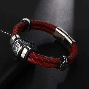 Bracciale a doppio strato in pelle intrecciata rossa da uomo con chiusura magnetica argento
