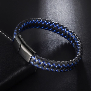 Handmade woven black and blue leather men's bracelet with a black magnetic metal clasp