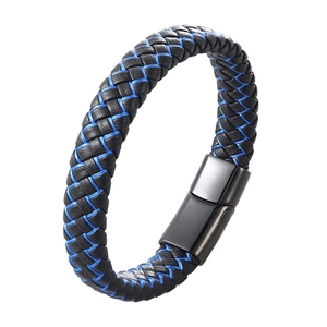 Handcrafted black leather and blue nylon woven bracelet for men with magnetic metal clasp