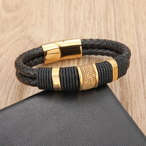 Bracciale da uomo in pelle nera intrecciata a doppio strato con chiusura magnetica dorata