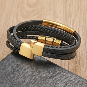 Men's multilayer black braided leather bracelet with gold metal bar and magnetic clasp