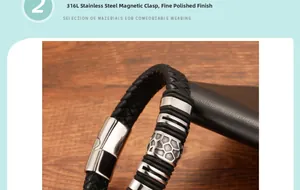 Details des Magnetverschlusses aus 316L Edelstahl und geflochtenem schwarzem Lederarmband