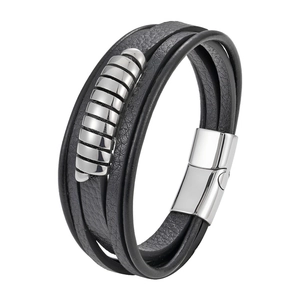 Mehrlagiges Herrenarmband aus schwarzem Leder mit silbernem Edelstahl Magnetverschluss