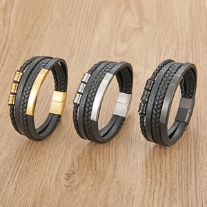 Men's multi-layer braided leather bracelets with gold, silver, and black magnetic clasps