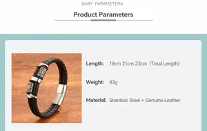 Close-up of black braided leather bracelet with engraved Nordic Viking steel beads