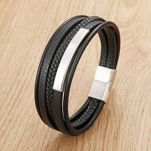 Men's Multilayer Braided Microfiber Leather Bracelet With Stainless Steel Magnetic Clasp Geometric Metal Plate Retro Jewelry