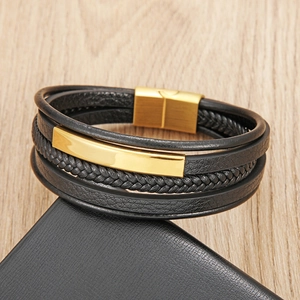Multilayer black leather men's bracelet with polished golden geometric metal charm