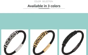 Dettagli dei bracciali in pelle intrecciata nelle finiture argento, oro e nero lucido
