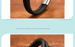 Close-up of black braided leather men's bracelet with polished silver magnetic clasp