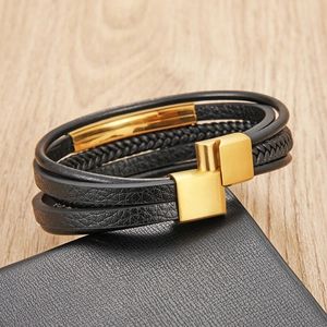 Men's multilayer black woven leather bracelet with polished golden magnetic clasp