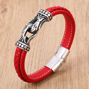 Men's red braided leather bracelet with vintage silver engraved metal and magnetic clasp