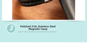 Detailed macro of woven black leather strap with polished 316L stainless magnetic clasp