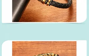 Dettaglio di un bracciale in pelle intrecciata nera da 6mm con fibbia in metallo dorato