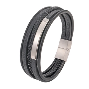 Men's multilayer microfiber leather bracelet with silver metal plate and magnetic clasp