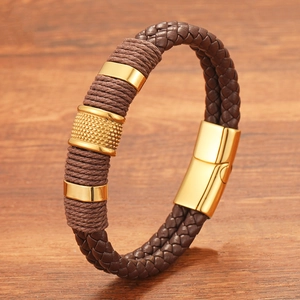 Men's double-layered brown leather braided bracelet with gold magnetic clasp and steel rings