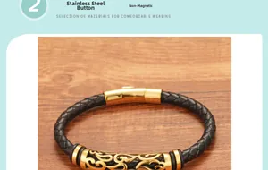 Dettaglio del bracciale da uomo in pelle nera intrecciata con fibbia in acciaio dorato