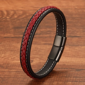 Men's braided black and red leather bracelet with titanium steel magnetic clasp