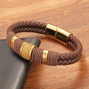 Men's double-layered brown braided leather bracelet with gold magnetic steel clasp